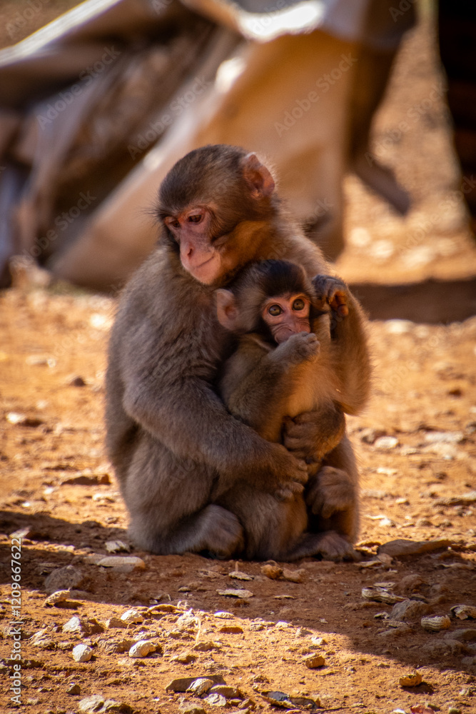Naklejka premium Monkey (macaque) and her baby