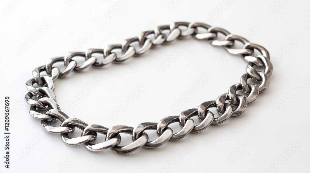 Shiny silver chain necklace elegantly displayed on a clean white background highlighting its intricate design and polished finish. Shiny silver chain necklace elegantly displayed on a clean white background highlighting its intricate design and polished finish.