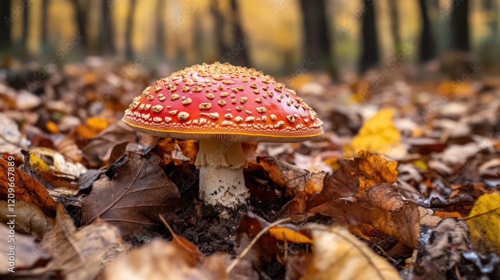 Vibrant Russula mushroom emerging from colorful autumn leaves in a serene forest landscape
