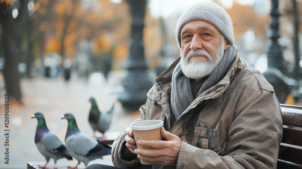 Elderly Beggar Sitting on Park Bench with Pigeons Nearby Elderly Beggar Sitting on Park Bench with Pigeons Nearby