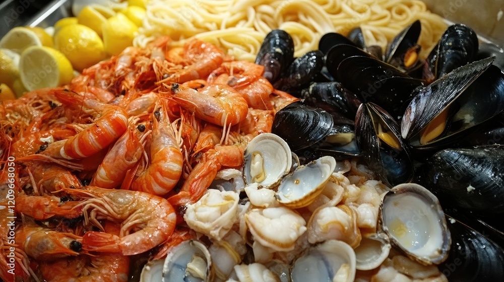 Delicious seafood pasta featuring shrimp, squid, cuttlefish, clams, and mussels served with lemon wedges and fresh pasta strands Delicious seafood pasta featuring shrimp, squid, cuttlefish, clams, and mussels served with lemon wedges and fresh pasta strands