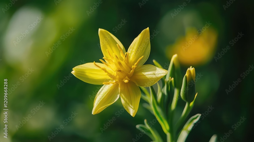 Vibrant Yellow Wildflower Blooming Amidst Lush Green Foliage in Natural Outdoor Setting Under Soft Sunlight Vibrant Yellow Wildflower Blooming Amidst Lush Green Foliage in Natural Outdoor Setting Under Soft Sunlight