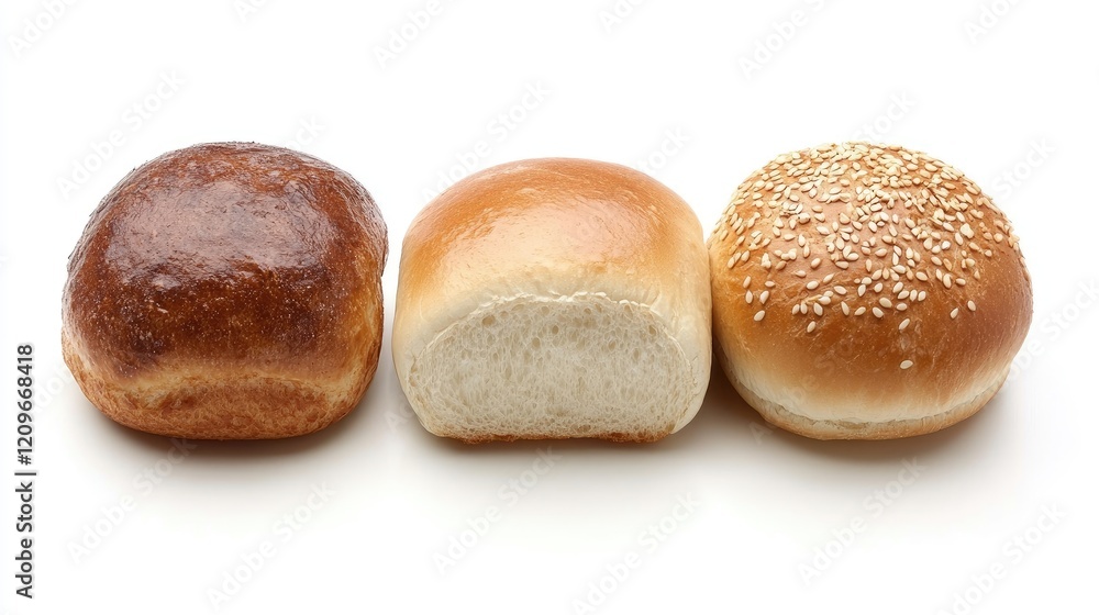 Freshly baked white roll bun and crusty bread rolls displayed on a white background showcasing various textures and colors of bread. Freshly baked white roll bun and crusty bread rolls displayed on a white background showcasing various textures and colors of bread.