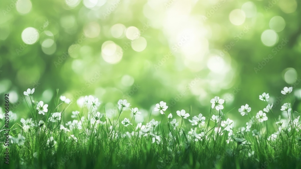 Fototapeta premium Seamless bokeh landscape featuring vibrant green grass and delicate white flowers in a blurred natural setting