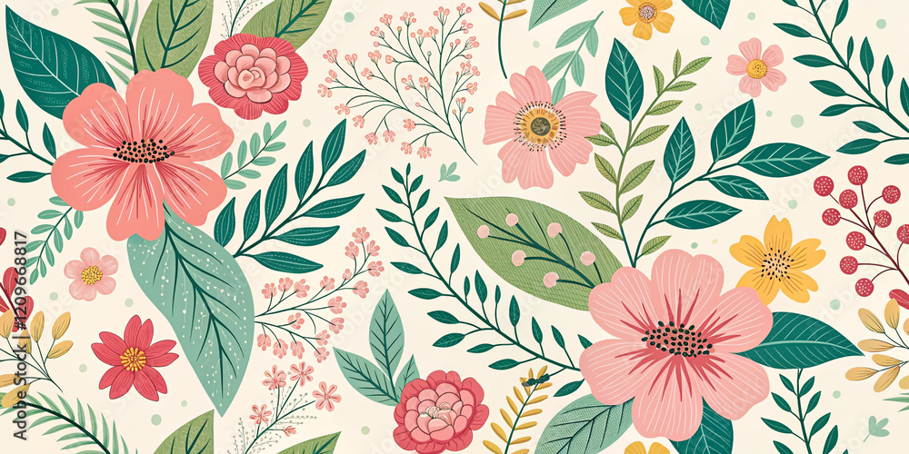 A Lush Floral Pattern Featuring Vivid Flowers and Leaves for Decorative Use A Lush Floral Pattern Featuring Vivid Flowers and Leaves for Decorative Use