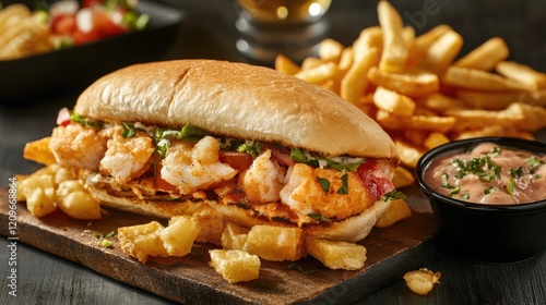 Delicious Seafood Chalupa with Crispy Chips and Flavorful Fish Sandwich on a Rustic Wooden Board photo