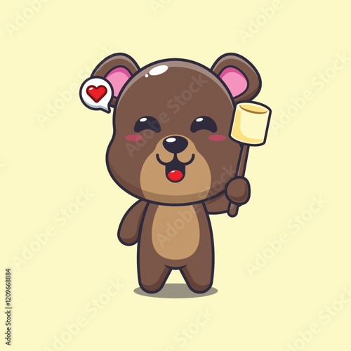 bear mascot cartoon character vector illustration eating marshmallow.