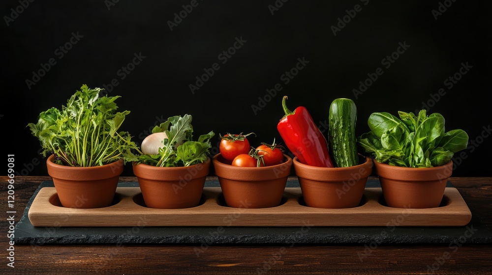 Assorted Fresh Vegetables Displayed in Terracotta Bowls on Dark Wooden Surface with Slate Tray and Vibrant Greens, Reds, and Yellows Culinary Arrangement Assorted Fresh Vegetables Displayed in Terracotta Bowls on Dark Wooden Surface with Slate Tray and Vibrant Greens, Reds, and Yellows Culinary Arrangement