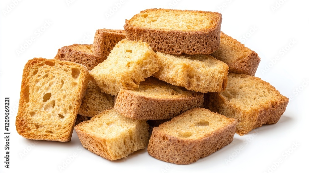 Stack of golden rusks on white background perfect for breakfast or snack ideas with a focus on texture and crunch Stack of golden rusks on white background perfect for breakfast or snack ideas with a focus on texture and crunch
