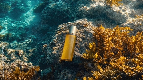 Sleek amber skincare bottle positioned on rocky seabed with vibrant green and golden algae in clear blue water, underwater photography. photo