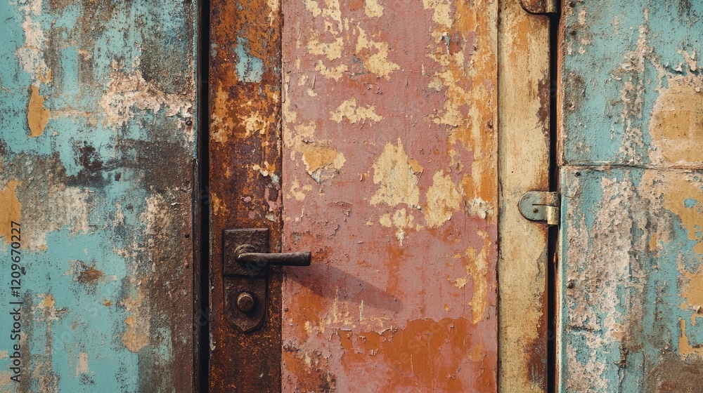 Renovation of a weathered exterior door with peeling paint and corroded bronze elements showcasing home improvement potential Renovation of a weathered exterior door with peeling paint and corroded bronze elements showcasing home improvement potential