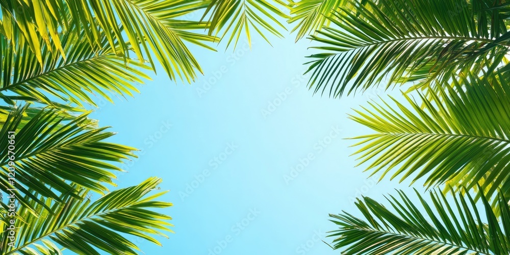 Fototapeta premium Vibrant green palm leaves frame a clear blue sky creating ample space for text with sharp contrast and natural sunlight illuminating the scene