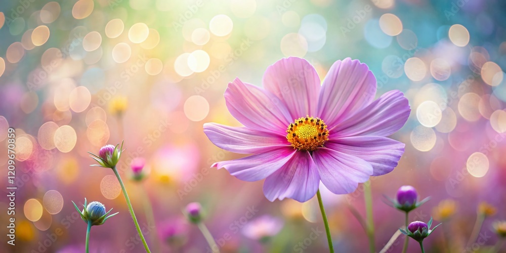 Naklejka premium Dreamy Pastel Cosmos Flower Bokeh - Soft Focus Abstract Floral Background