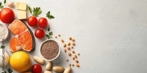 Vibrant assortment of vitamin B rich foods including salmon tomatoes nuts and grains arranged on a light gray backdrop with empty space on the right