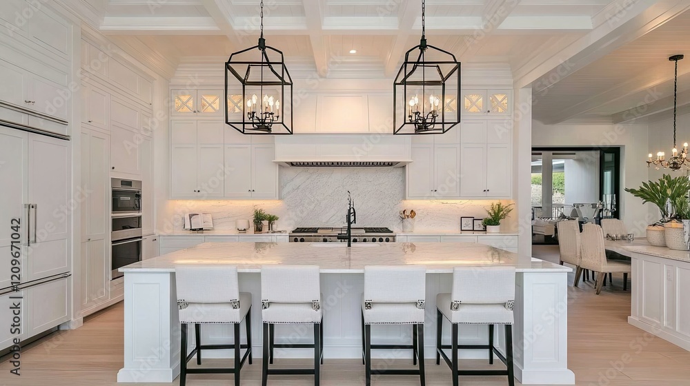 Fototapeta premium Luxurious snow-white kitchen with marble accents, pendant lighting, and spacious design in an upscale apartment