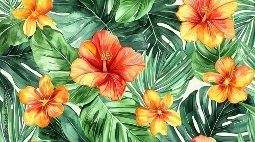 Wallpaper Mural Vibrant Tropical Watercolor Hibiscus and Monstera Leaf Pattern Torontodigital.ca