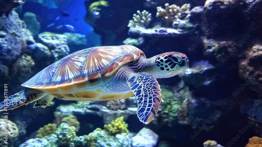 Sea turtle gliding through vibrant coral reef ecosystem in crystal clear water underwater surroundings Sea turtle gliding through vibrant coral reef ecosystem in crystal clear water underwater surroundings