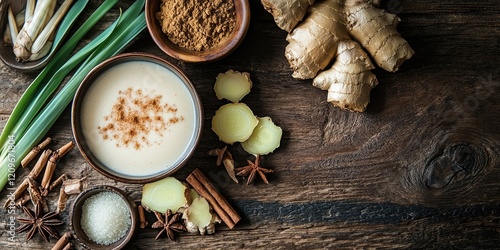 Ginger milk with brown sugar and cinnamon in a bowl on a rustic wooden table surrounded by spices like clove and lemongrass with fresh ginger pieces. photo