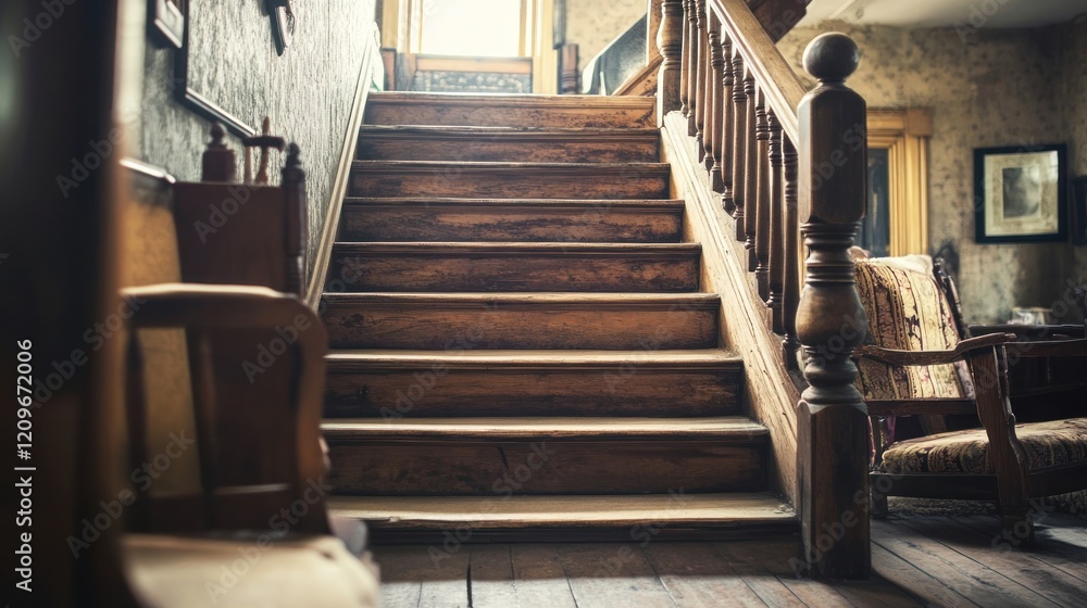 Obraz premium Rustic wooden staircase in vintage home interior.