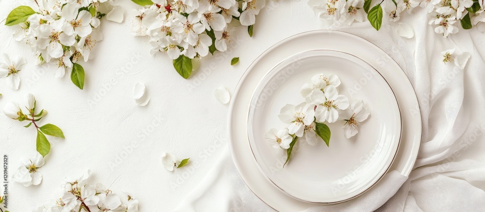 Elegant Spring Tablescape Featuring White Blooming Flowers on Soft Fabric with Empty Space for Text in a Serene Atmosphere Elegant Spring Tablescape Featuring White Blooming Flowers on Soft Fabric with Empty Space for Text in a Serene Atmosphere