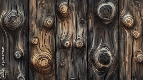 Detailed seamless wooden plank texture featuring intricate knots and faux shadows for a rustic design background.