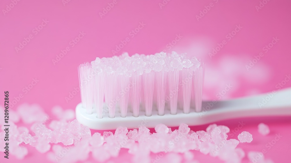 Sodium molecule on toothbrush with pink backdrop highlighting cosmetic chemical elements for effective oral hygiene practices Sodium molecule on toothbrush with pink backdrop highlighting cosmetic chemical elements for effective oral hygiene practices