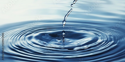 Rippling water surface with a single droplet causing concentric waves, featuring shades of blue and a smooth gradient in the background. photo