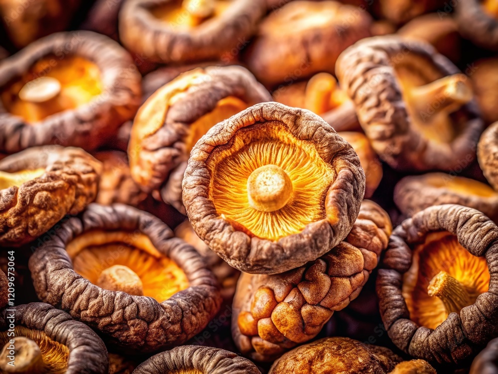 Dried Shiitake Mushrooms Top View Close Up Tilt-Shift Stock Photo Dried Shiitake Mushrooms Top View Close Up Tilt-Shift Stock Photo