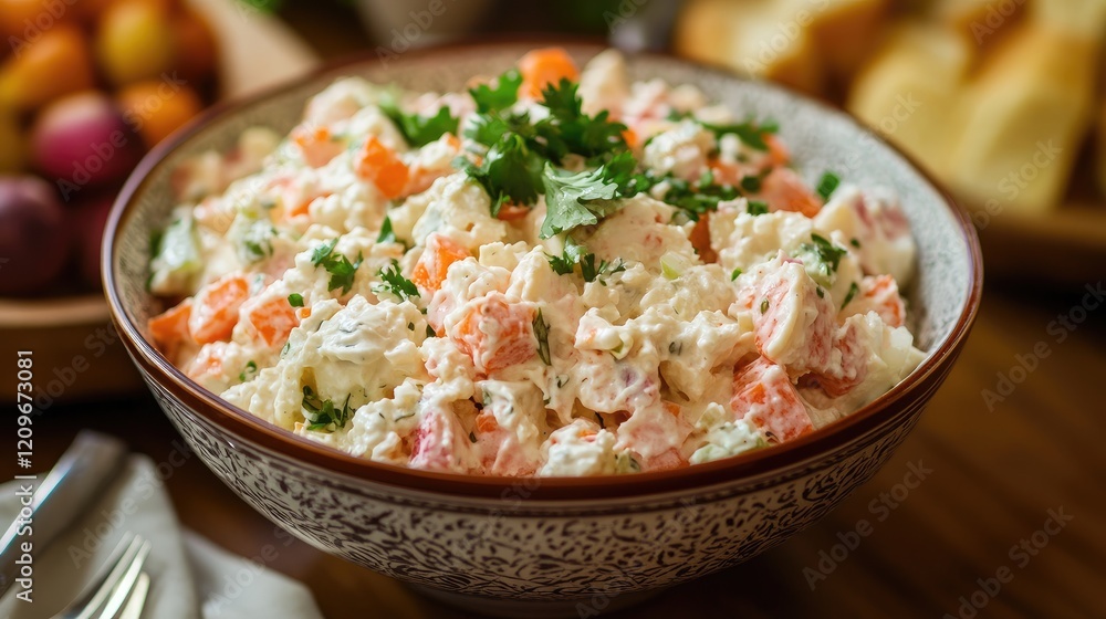 Traditional Russian salad garnished with fresh herbs, served in a decorative bowl, ideal for festive occasions and celebrations. Traditional Russian salad garnished with fresh herbs, served in a decorative bowl, ideal for festive occasions and celebrations.