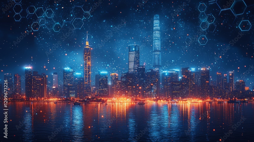 Night cityscape, futuristic technology, glowing buildings, water reflection, digital overlay Night cityscape, futuristic technology, glowing buildings, water reflection, digital overlay