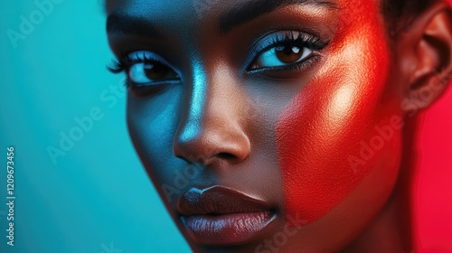 Beauty and Skin Care Concept Image Featuring a Dark Skinned Model with Vibrant Red and Blue Face Paint in a Studio Setting photo