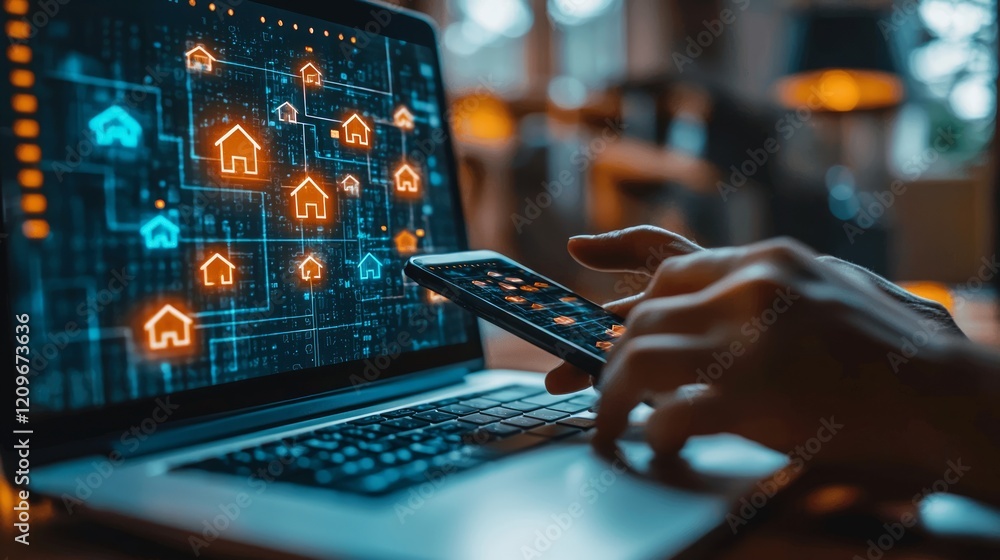 Person managing smart homes remotely on laptop and phone Person managing smart homes remotely on laptop and phone