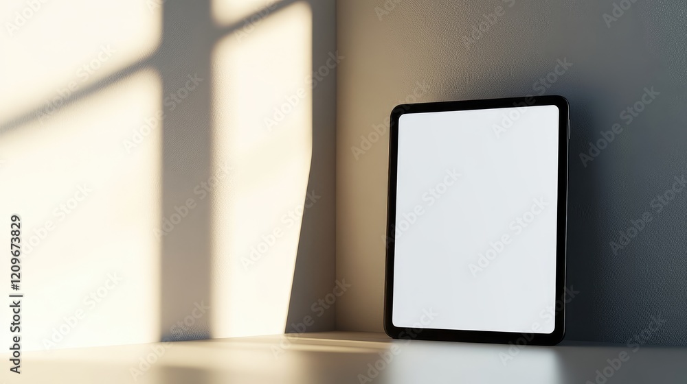 Black digital tablet mockup with blank white screen positioned on neutral gray background illuminated by soft natural light shadows. Black digital tablet mockup with blank white screen positioned on neutral gray background illuminated by soft natural light shadows.