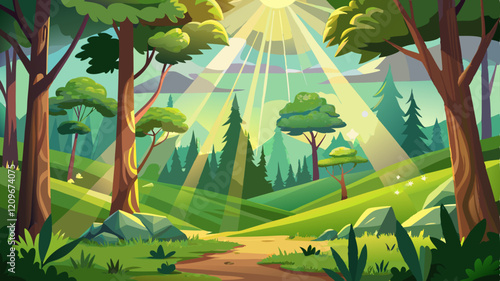 Sunrays over a green forest in summer.