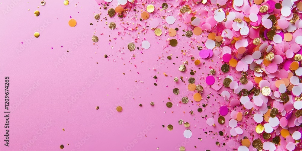 Vibrant pink and white confetti with gold accents scattered on a soft pink background create a festive holiday atmosphere in flat lay style. Vibrant pink and white confetti with gold accents scattered on a soft pink background create a festive holiday atmosphere in flat lay style.