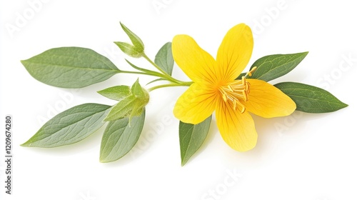 Vibrant yellow flower surrounded by lush green leaves on a plain background showcasing natural beauty and elegance