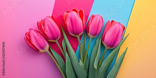 Vibrant pink tulips arranged in a cluster on a pink and blue geometric backdrop highlighting fresh greenery and ample copy space for spring themes photo