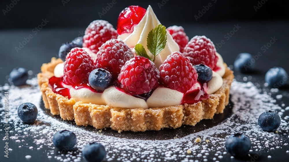 Strawberry Tart with Meringue and Fresh Berries Garnished with Mint on Dark Background Strawberry Tart with Meringue and Fresh Berries Garnished with Mint on Dark Background