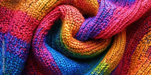 Colorful knitted fabric texture displaying bright rainbow hues of pink, orange, blue, and green in a cozy spiral shape on a vibrant saturated backdrop photo