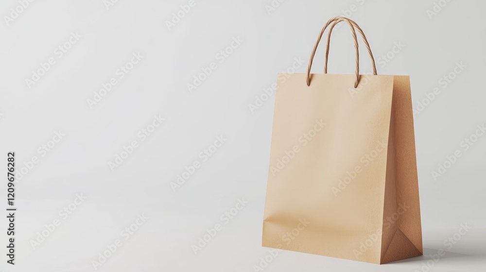 Elegant kraft paper bag mockup with handles on minimalist white background for branding and product presentation uses. Elegant kraft paper bag mockup with handles on minimalist white background for branding and product presentation uses.