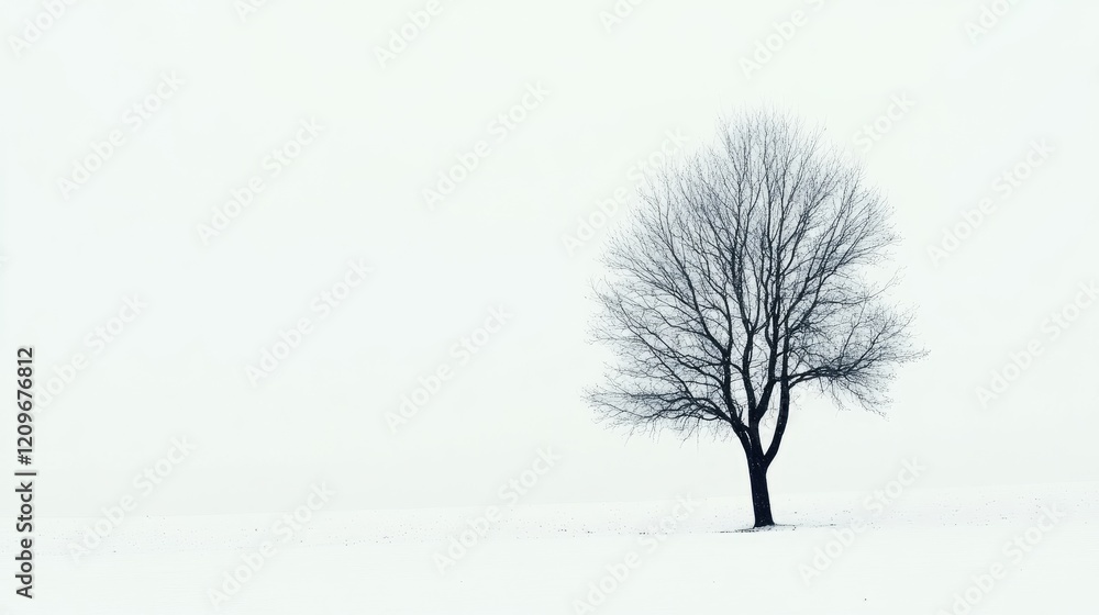Lonely Tree in Winter Landscape on White Background Minimalist Natural Scene Lonely Tree in Winter Landscape on White Background Minimalist Natural Scene