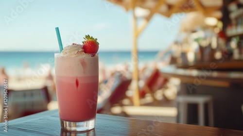 Refreshing strawberry milkshake on beach bar table with sunny ocean backdrop and vibrant colors ideal for summer promotions and relaxation themes photo