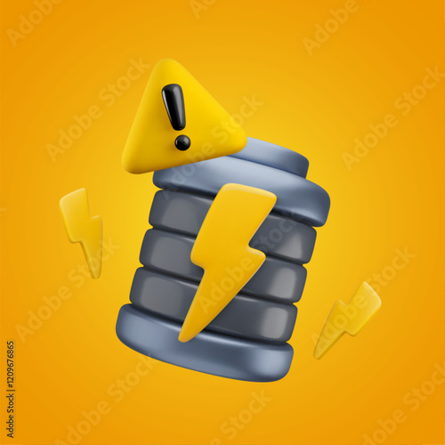 Vector cartoon 3d charging battery with warning sign, lightning on yellow background. Realistic render of low energy accumulator, broken battery, damage notification. Attention indicator illustration.