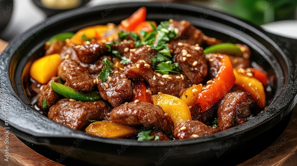 Sizzling black pepper beef stir-fried with colorful mixed vegetables in a traditional clay pot presentation Sizzling black pepper beef stir-fried with colorful mixed vegetables in a traditional clay pot presentation