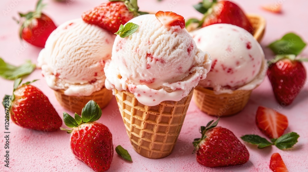 Strawberry ice cream scoops in waffle cones surrounded by fresh strawberries on a vibrant pink background. Strawberry ice cream scoops in waffle cones surrounded by fresh strawberries on a vibrant pink background.
