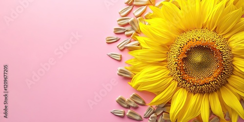 Vibrant yellow sunflower with seeds on pink background positioned right with ample copy space highlighting natural beauty and agricultural harvest theme photo