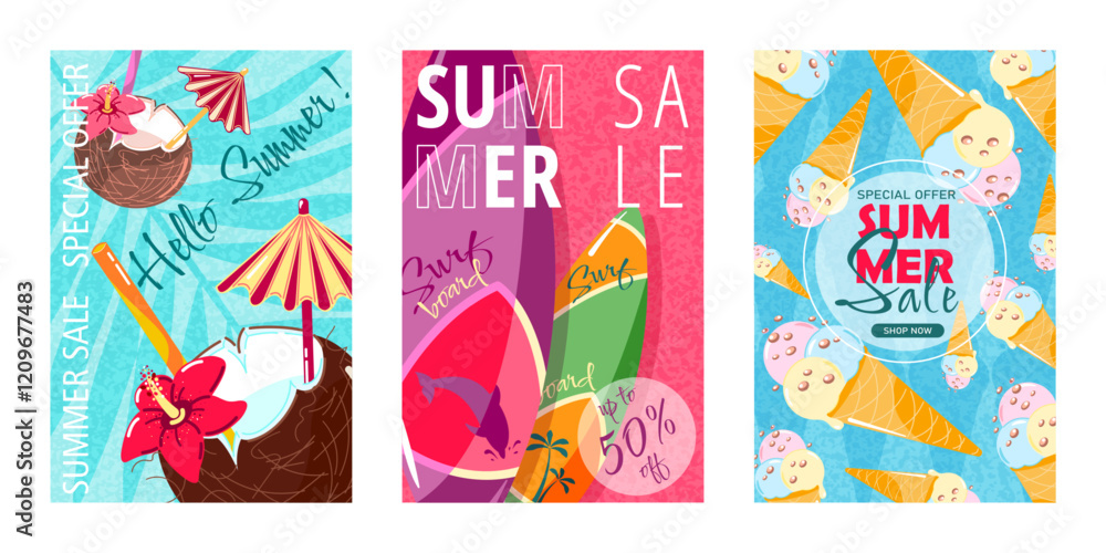 Naklejka premium Poster layout for summer sales. A set of three templates with a bright design. Surfboards, cone ice cream, coconut cocktail.