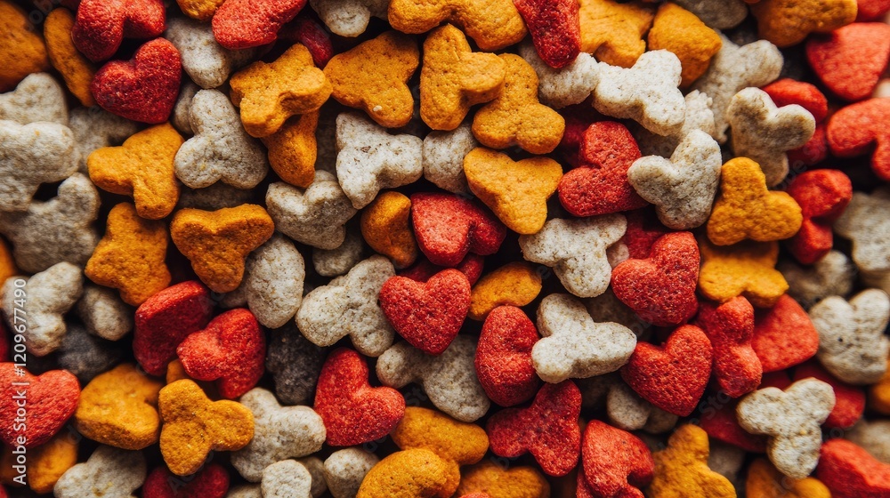 Colorful dried pet food kibble in various shapes including hearts and bones for dogs and cats top view background image Colorful dried pet food kibble in various shapes including hearts and bones for dogs and cats top view background image