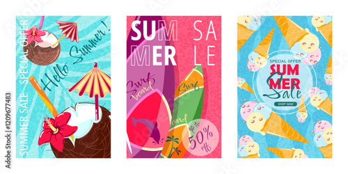 Poster layout for summer sales. A set of three templates with a bright design. Surfboards, cone ice cream, coconut cocktail.
