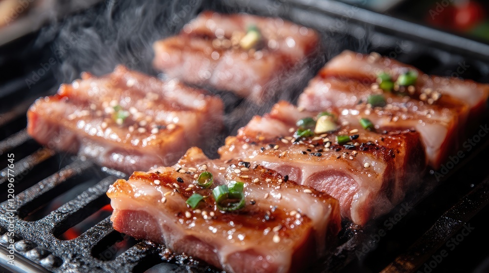 Delicious marbled pork belly sizzling on a grill surrounded by aromatic ingredients and steam creating a mouthwatering culinary scene Delicious marbled pork belly sizzling on a grill surrounded by aromatic ingredients and steam creating a mouthwatering culinary scene
